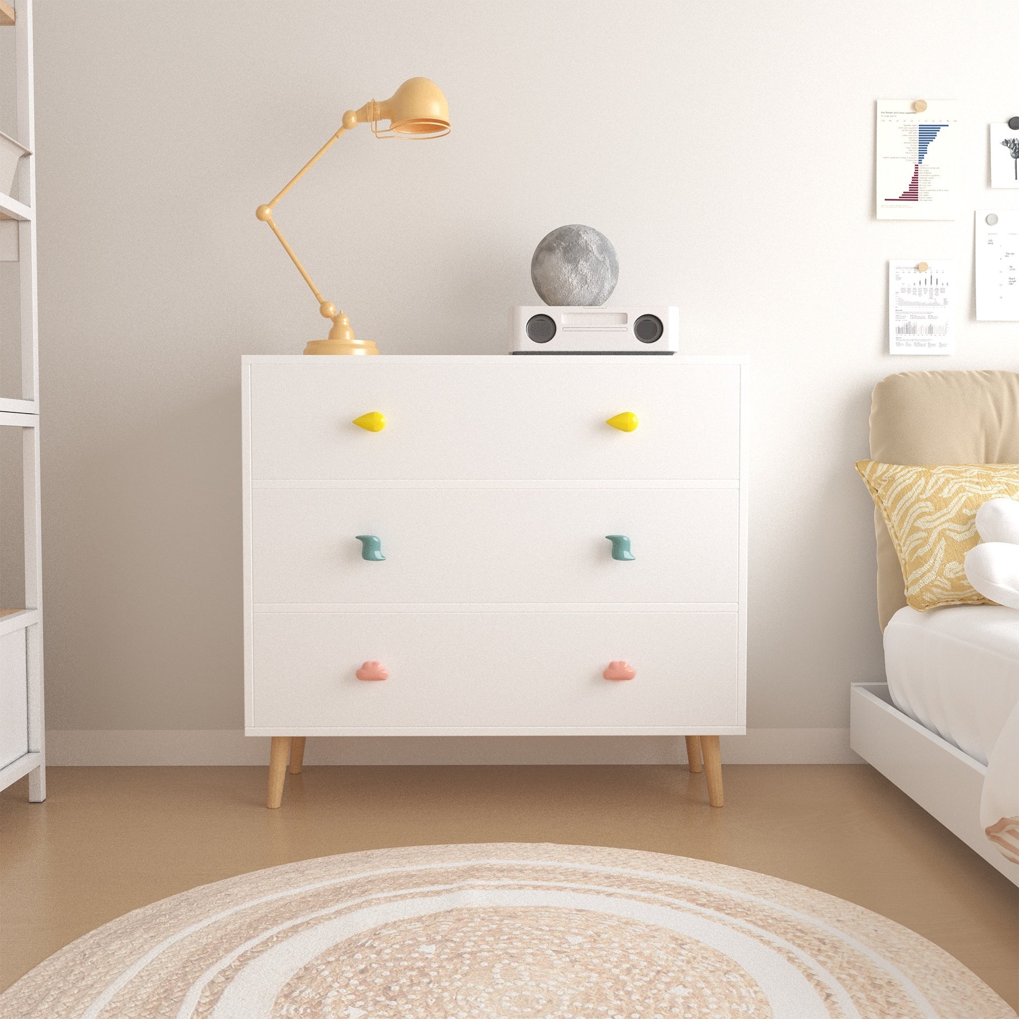 Kids 3 Drawer Dresser, White Nursery Storage Cabinet with Anti-Tip Safety Feature, Solid Wood and MDF Construction, Compact D
