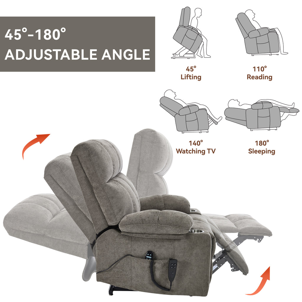 Brown Dual Motor Infinite Position Up to 350 LBS Chenille Power Lift Recliner Chair, Heavy Duty Motion Mechanism with 8-Point Vibration Massage and Lumbar Heating, Dual Cup Holders - Grand Goldman Shop