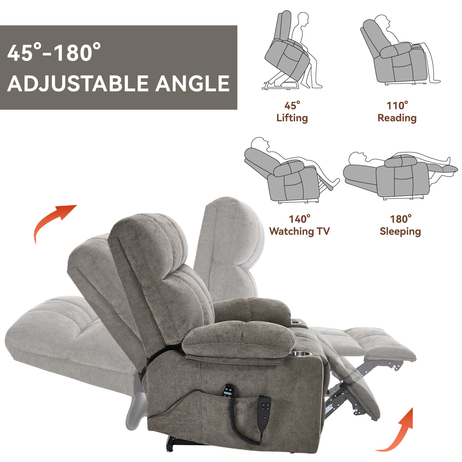 Brown Dual Motor Infinite Position Up to 350 LBS Chenille Power Lift Recliner Chair, Heavy Duty Motion Mechanism with 8-Point Vibration Massage and Lumbar Heating, Dual Cup Holders - Grand Goldman Shop