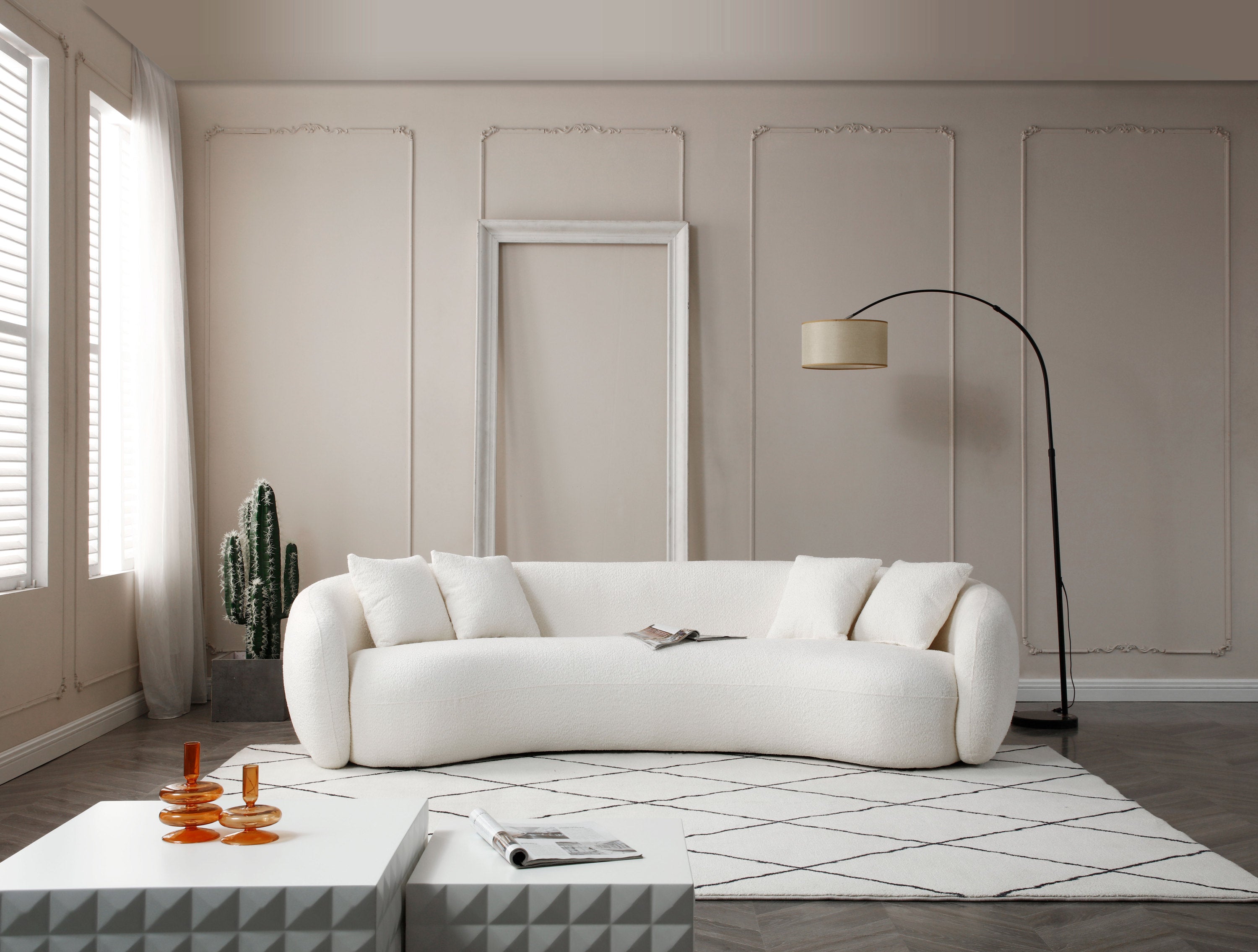 102'' 5-Seater Boucle Sofa Modern Sectional Half Moon Leisure Couch Curved Sofa  WHITE - Grand Goldman Shop