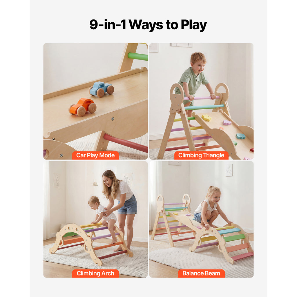 Pikler Triangle Set, 9-in-1 Toddler Climbing Toys Indoor, with 2 Wooden Cars, Cushion, Triangle, Arch, and Ramp, 150 lbs Load