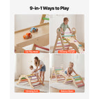 Pikler Triangle Set, 9-in-1 Toddler Climbing Toys Indoor, with 2 Wooden Cars, Cushion, Triangle, Arch, and Ramp, 150 lbs Load