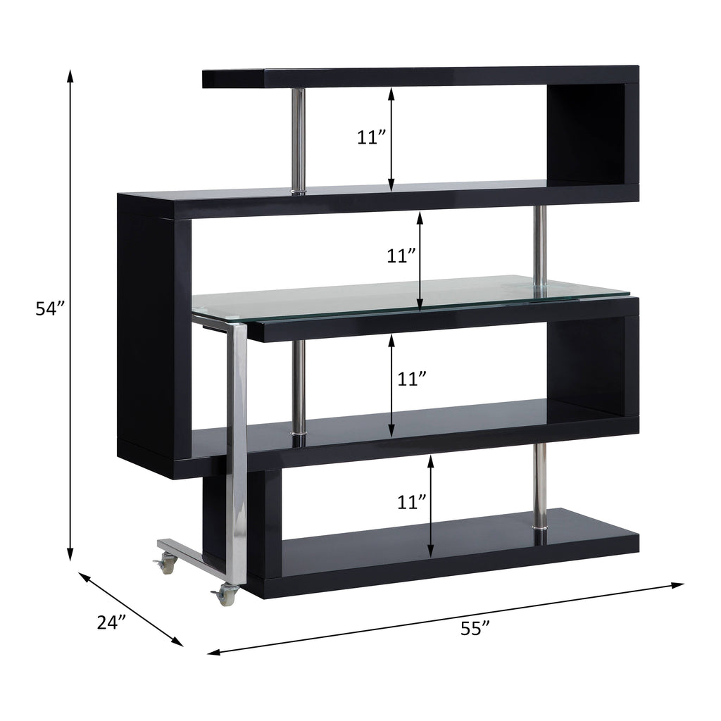 Buck II Clear Glass, Chrome & Black High Gloss Finish Writing Desk W/Bookshelf | Premium Home Decor - Grand Goldman