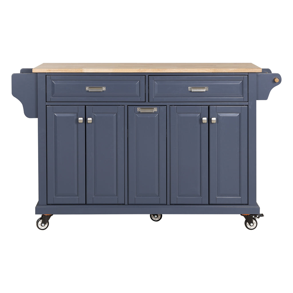Kitchen Island with Rubber wood Countertop, Kitchen Cart on 5 Wheels with Storage Cabinet and 2 Top Drawers and A center double layered storage drawer for Dinning Room, Blue - Grand Goldman Shop