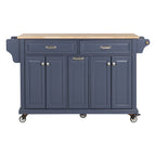 Kitchen Island with Rubber wood Countertop, Kitchen Cart on 5 Wheels with Storage Cabinet and 2 Top Drawers and A center double layered storage drawer for Dinning Room, Blue - Grand Goldman Shop