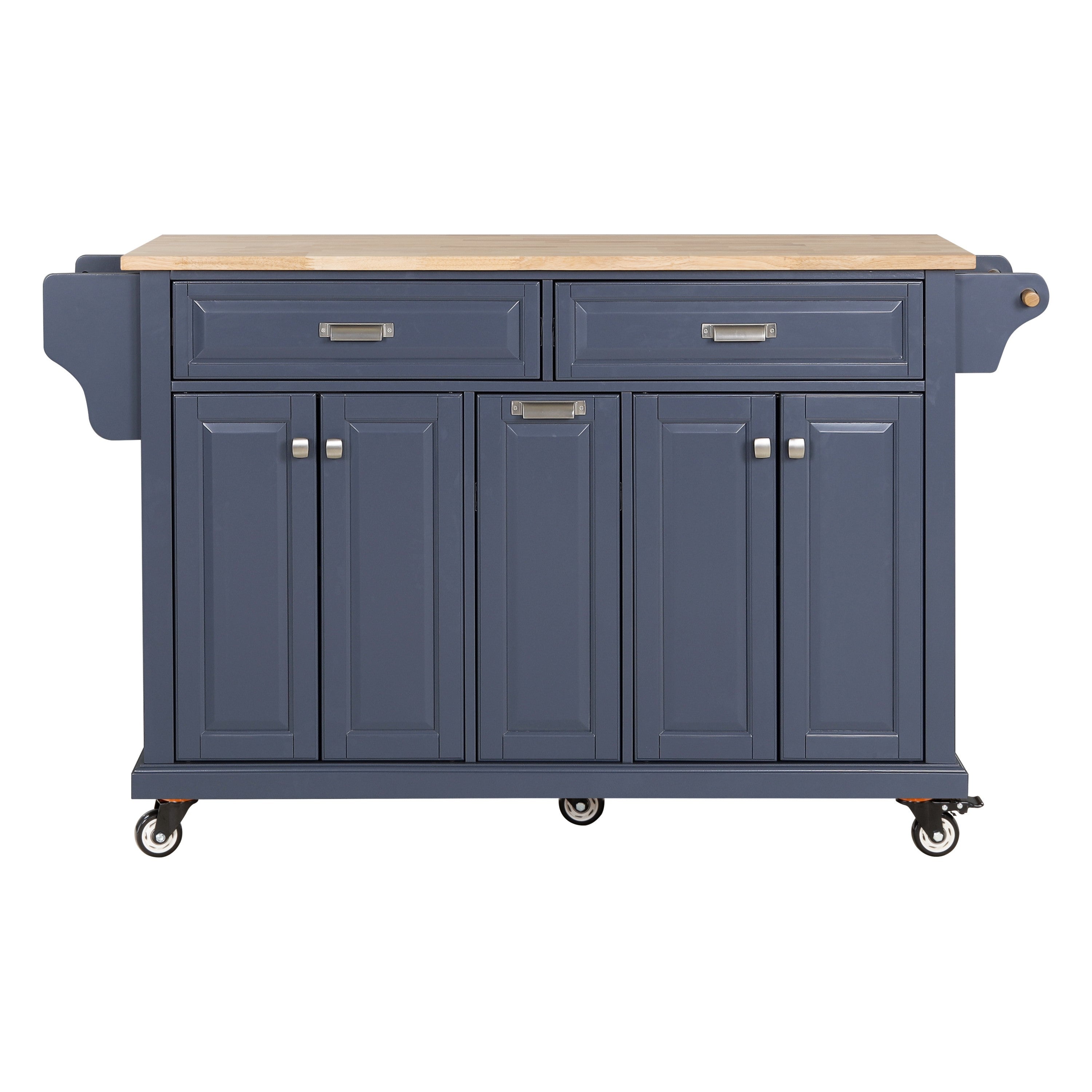 Kitchen Island with Rubber wood Countertop, Kitchen Cart on 5 Wheels with Storage Cabinet and 2 Top Drawers and A center double layered storage drawer for Dinning Room, Blue - Grand Goldman Shop