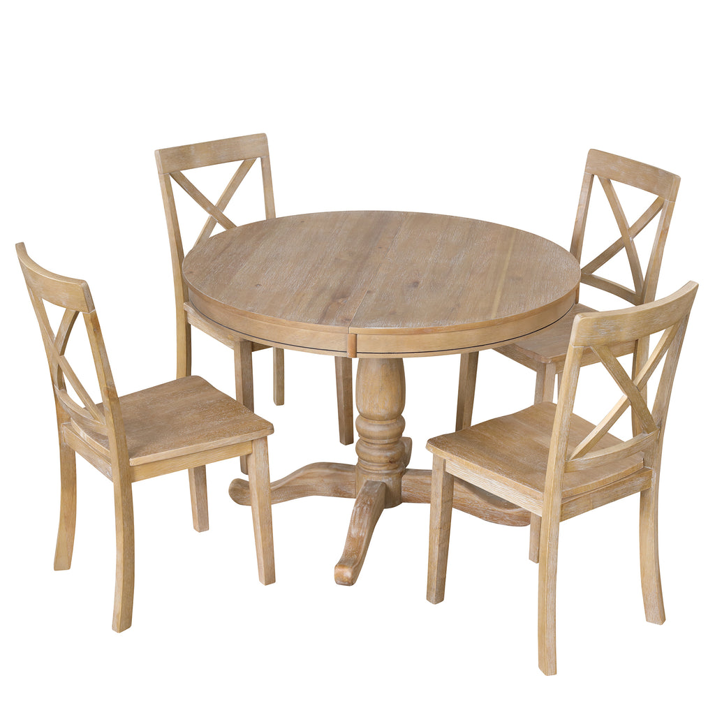 Modern Natural Wood Wash Dining Table Set for 4 with Round Table and Chairs, Solid Wood and MDF - Grand Goldman Shop