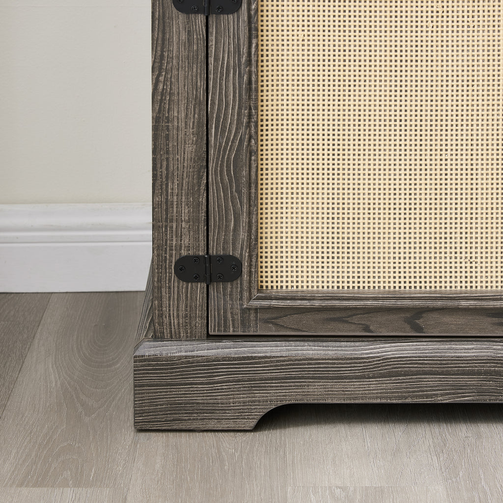 Farmhouse Rattan TV Stand Console Table for TVs up to 70 Inches, TV Console Table with 2 Storage Shelves, 2 Natural Rattan Door Cabinets, 65'W*15.55'D*23.86'H, Gray - Grand Goldman Shop