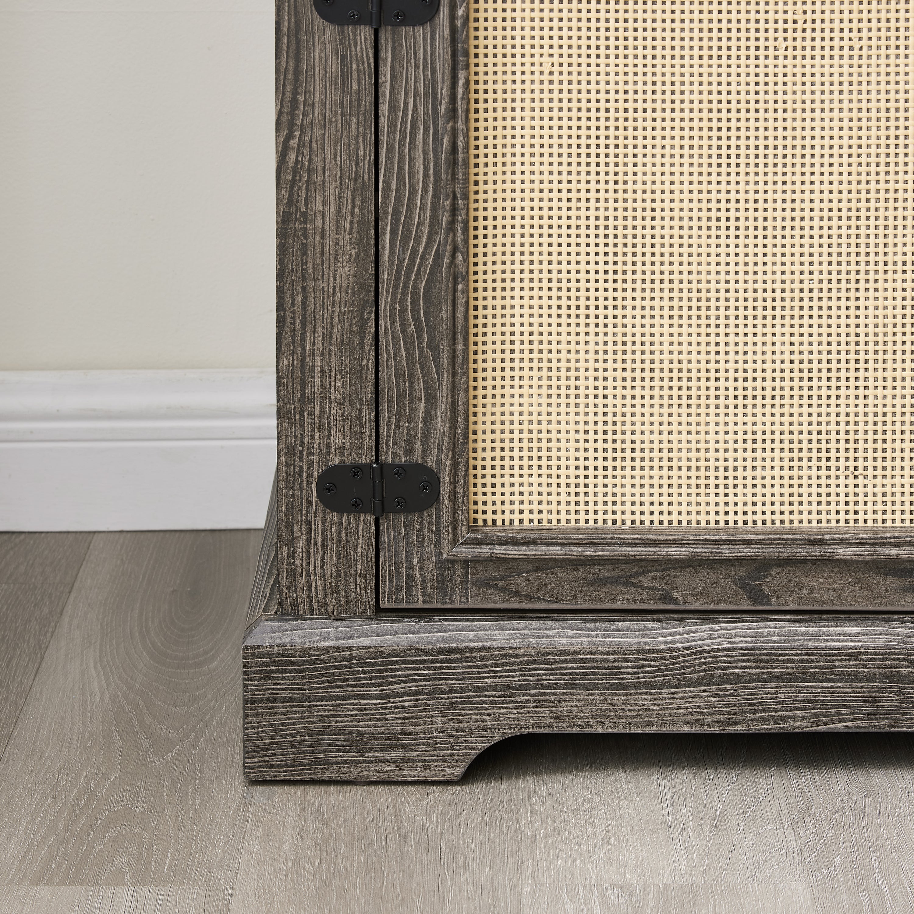 Farmhouse Rattan TV Stand Console Table for TVs up to 70 Inches, TV Console Table with 2 Storage Shelves, 2 Natural Rattan Door Cabinets, 65'W*15.55'D*23.86'H, Gray - Grand Goldman Shop