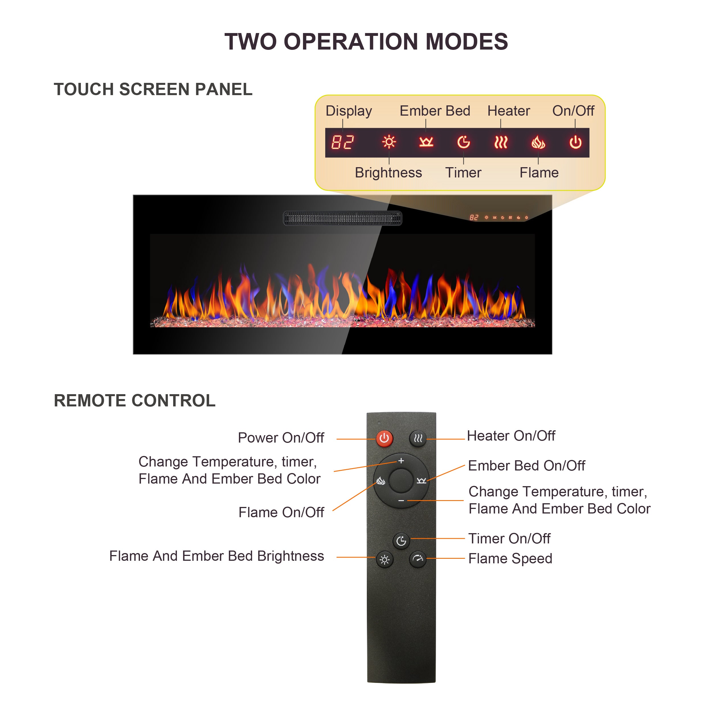 36 inch recessed ultra thin tempered glass front wall mounted electric fireplace with remote and multi color flame & emberbed, LED light heater - Grand Goldman Shop
