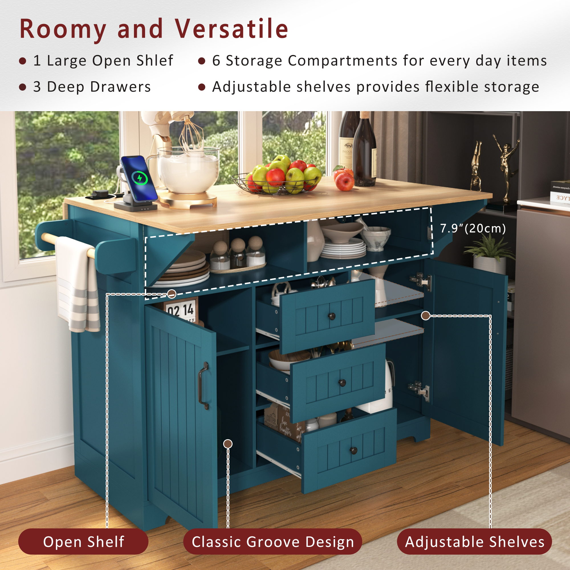 K&K 55.7'' Large Kitchen Island with 2 Drop Leaf,, Rolling Kitchen Cart on 5 Wheels with Power Outlet, Folding Storage Dining Table with Spice & Towel Rack , 3 Drawers, for Kitchen, Dining Room,Green - Grand Goldman Shop