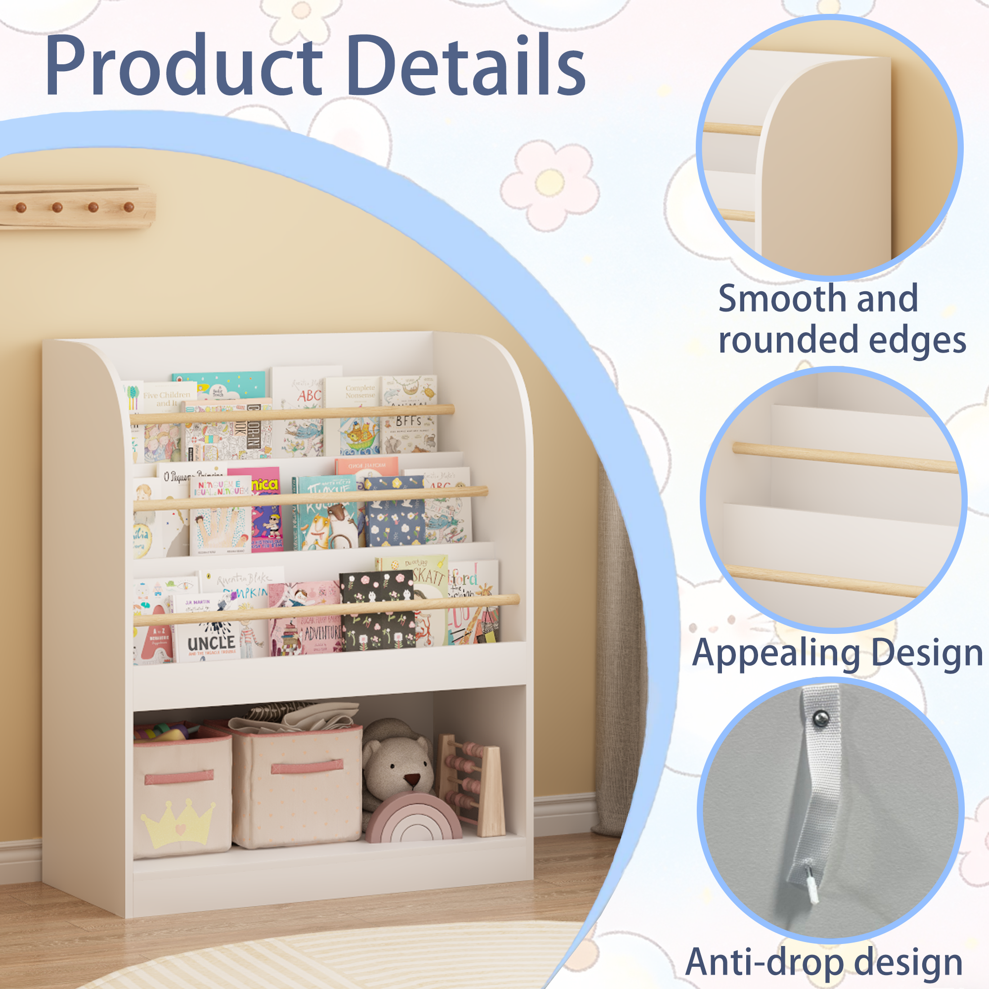 Kids Bookshelf with Open Storage, Front-Facing Children's Bookcase, Multi-Tier Wooden Book Display Shelf for Toddlers, Playro