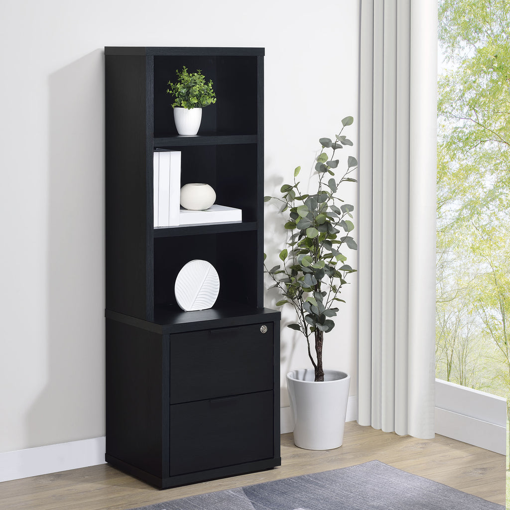 Geary Black 3-Shelf Bookcase with USB Charging and Lockable Drawer, Engineered Wood, 19.75 x 15.50 x 61.25 inches | Premium H