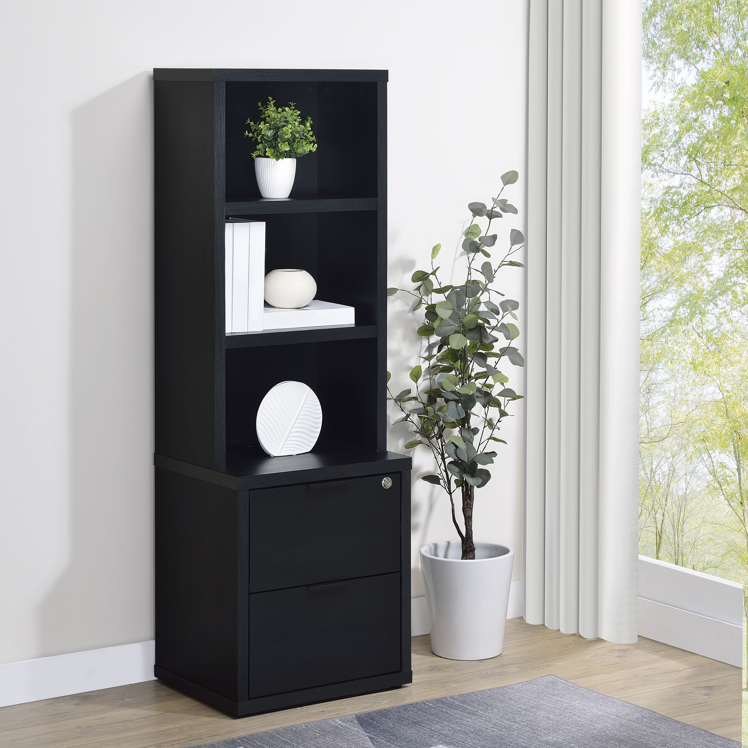 Geary Black 3-Shelf Bookcase with USB Charging and Lockable Drawer, Engineered Wood, 19.75 x 15.50 x 61.25 inches | Premium H