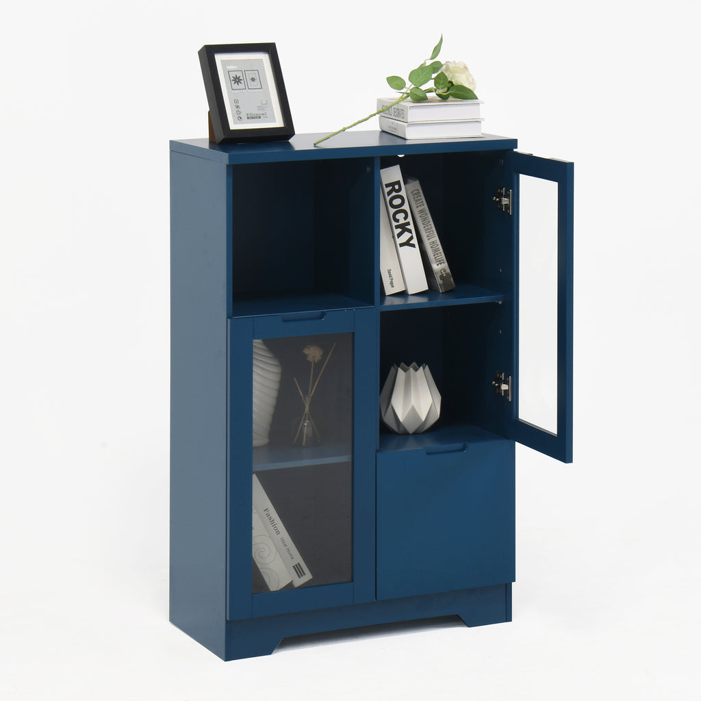 Navy Blue MDF Painted Cabinet with Glass Doors, Drawer, and Open Storage Space for Bedroom and Living Room - Grand Goldman Shop