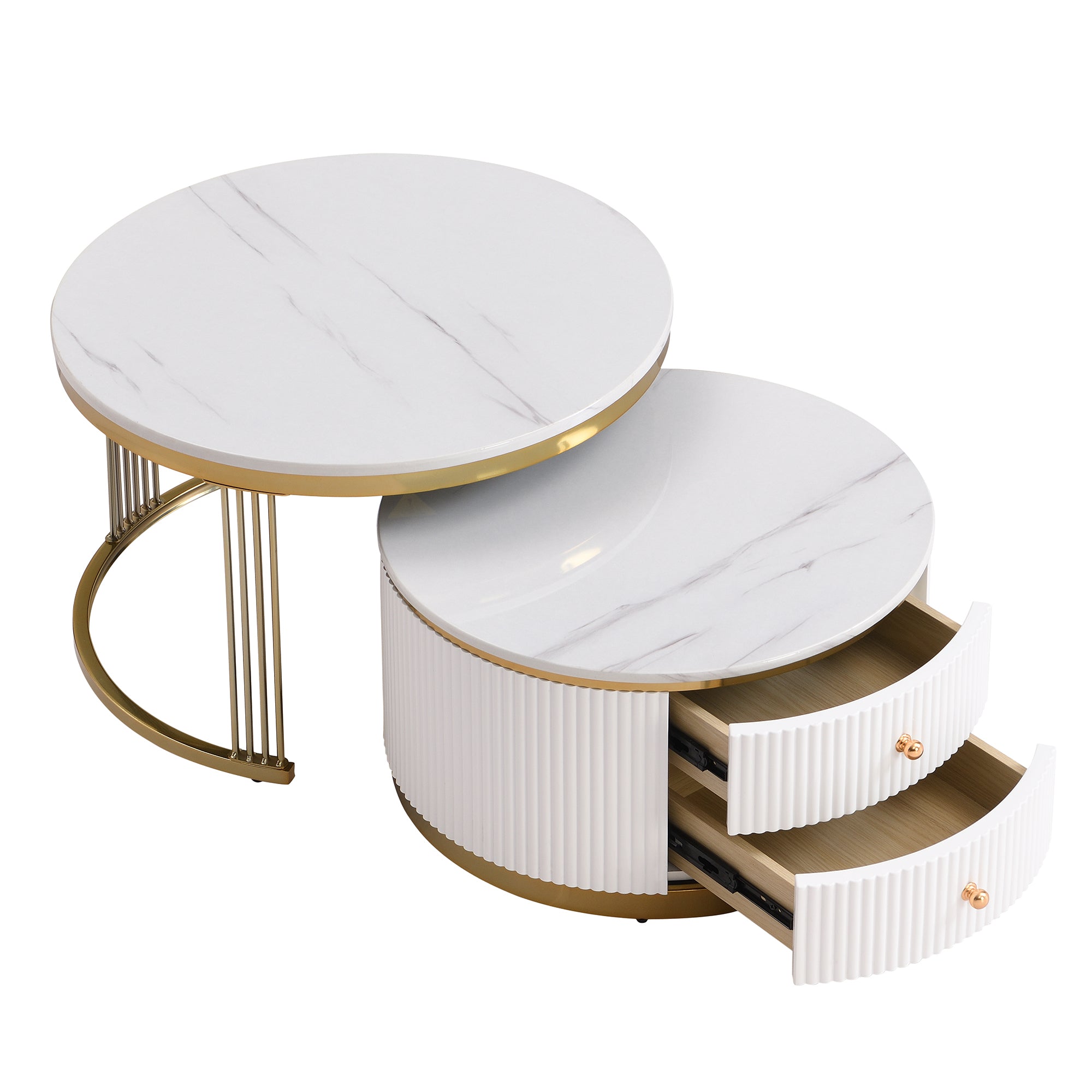 Modern 2 Pieces White Round Nesting  Coffee Table with Drawers in 27.6'' - Grand Goldman Shop