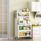 65'' Tall Kitchen Bakers Rack with Flip Door Cabinet, 5 Tier Multifunctional Microwave Stand Buffet, Coffee Bar, Kitchen Pantry Storage Cabinet Shelf, Quick Assembly, White - Grand Goldman Shop