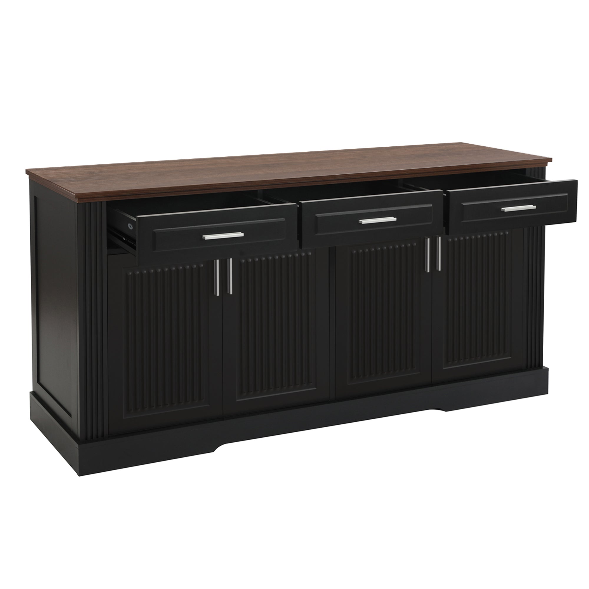 Black Fluted Sideboard Buffet Cabinet with 4 Doors and 3 Drawers, Modern Wood Kitchen Storage Console Table for Living Room Dining Room Entryway, 63' - Grand Goldman Shop