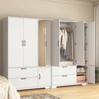 4 Doors Wardrobe Closet with Mirror, LED Wardrobe with Doors and 2 Drawers, Wooden Wardrobe Storage Cabinet with Hanging Rod, Adjustable Shelves, White - Grand Goldman Shop