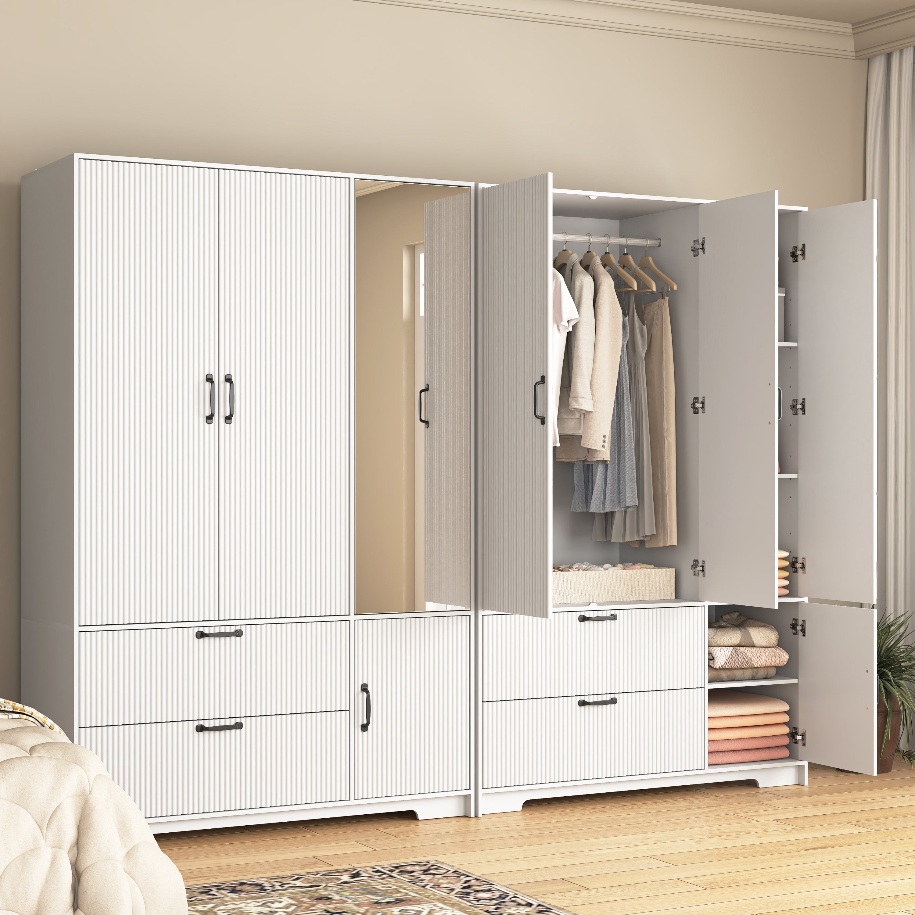 4 Doors Wardrobe Closet with Mirror, LED Wardrobe with Doors and 2 Drawers, Wooden Wardrobe Storage Cabinet with Hanging Rod, Adjustable Shelves, White - Grand Goldman Shop