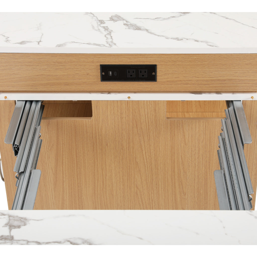 K&K 59.5'Kitchen Island with Extendable Dining Table, Kitchen Storage Table with Double-sided Storage, Kitchen Island with 2 Drawers, Power Outlet, Side Open Shelves, for Kitchen, Dining Room, Natural - Grand Goldman Shop