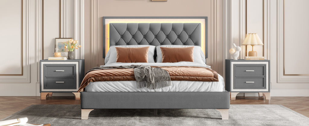 3-Pieces Bedroom Sets,Queen Size Upholstered Platform Bed with LED Lights and Two Nightstands-Gray - Grand Goldman Shop