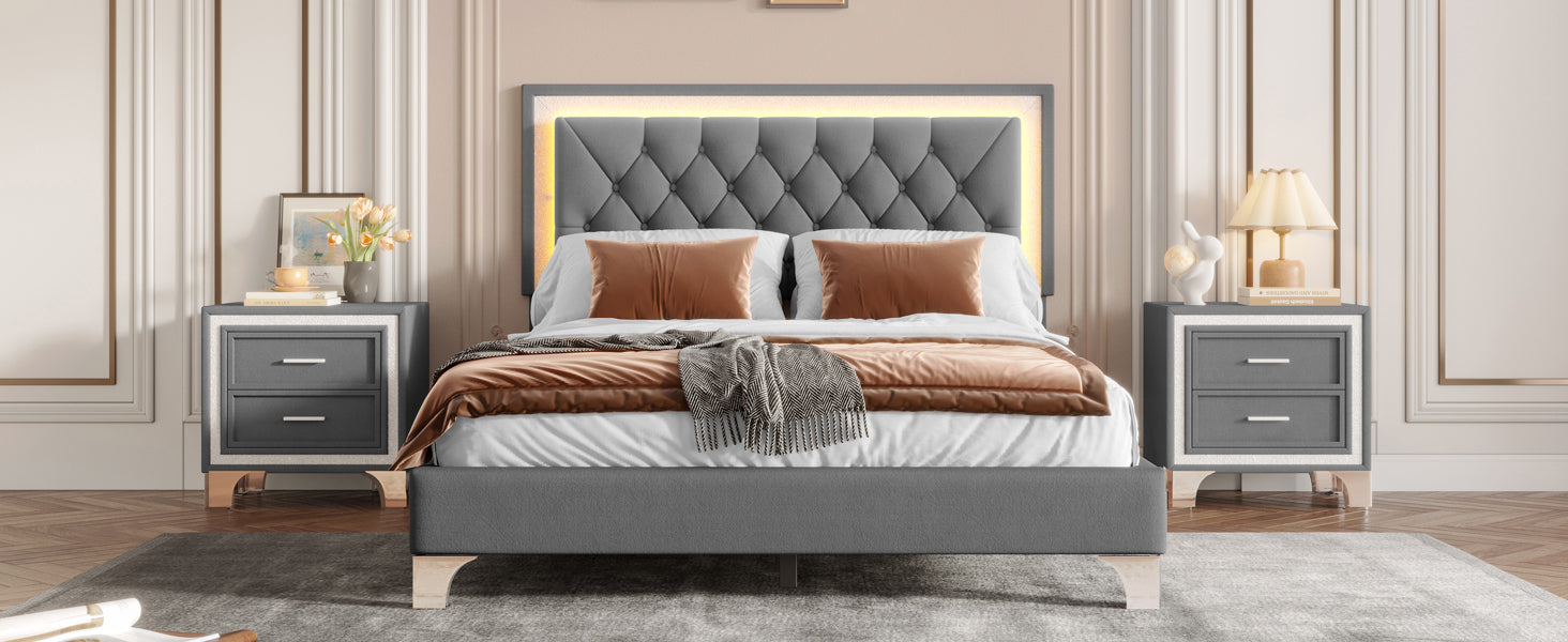 3-Pieces Bedroom Sets,Queen Size Upholstered Platform Bed with LED Lights and Two Nightstands-Gray - Grand Goldman Shop