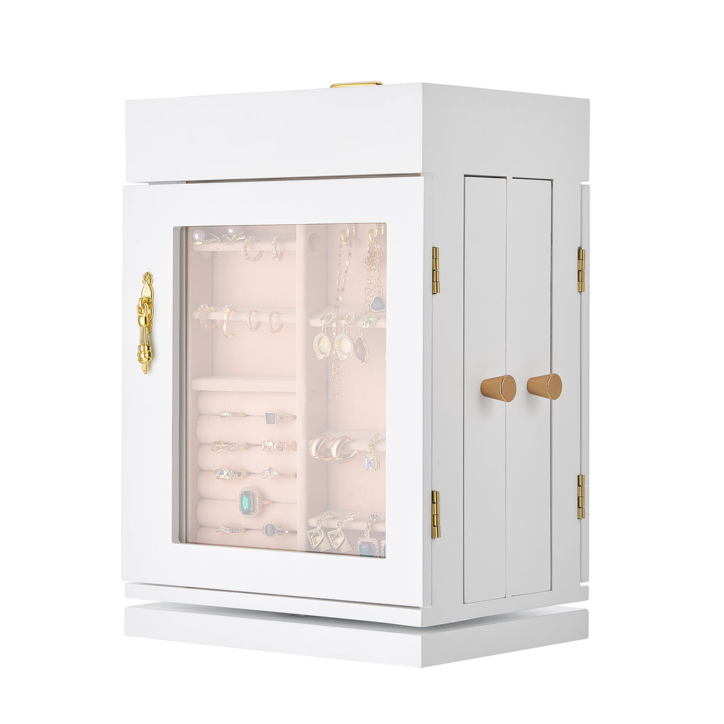 Jewelry Box 360° Rotating Jewelry Organizer with Built-in 4 Necklace Hooks White - Grand Goldman Shop