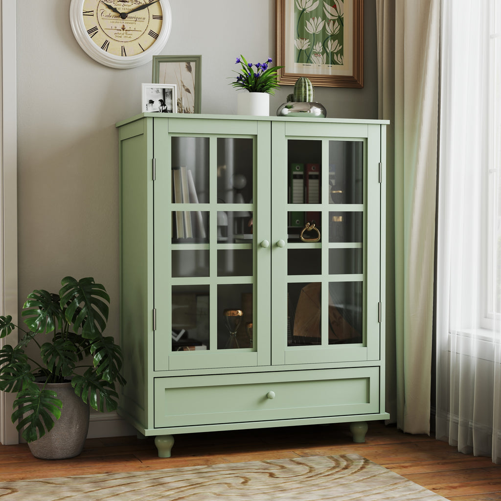 Minimalism Buffet Cabinet with Double Glass Doors and Drawer, Modern Wooden Storage Sideboard Cupboard, Mint Green, MDF and Solid Wood, 28''x15''x36.22'' - Grand Goldman Shop