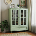 Minimalism Buffet Cabinet with Double Glass Doors and Drawer, Modern Wooden Storage Sideboard Cupboard, Mint Green, MDF and Solid Wood, 28''x15''x36.22'' - Grand Goldman Shop