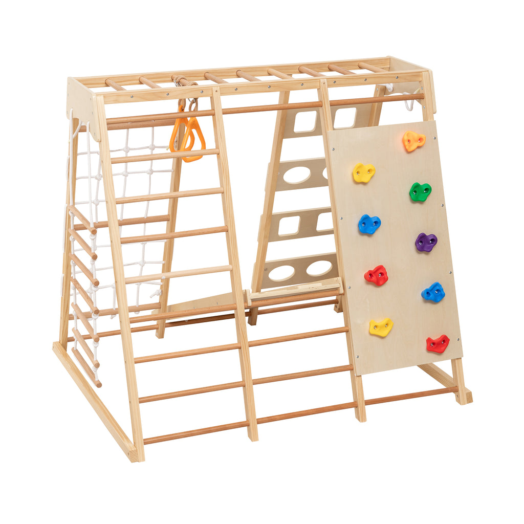 9-in-1 Slide and Climbing Wall for Toddlers 3+, Wooden Indoor Play Structure, Heavy Duty 176 lbs Capacity, Safe Rounded Edge 