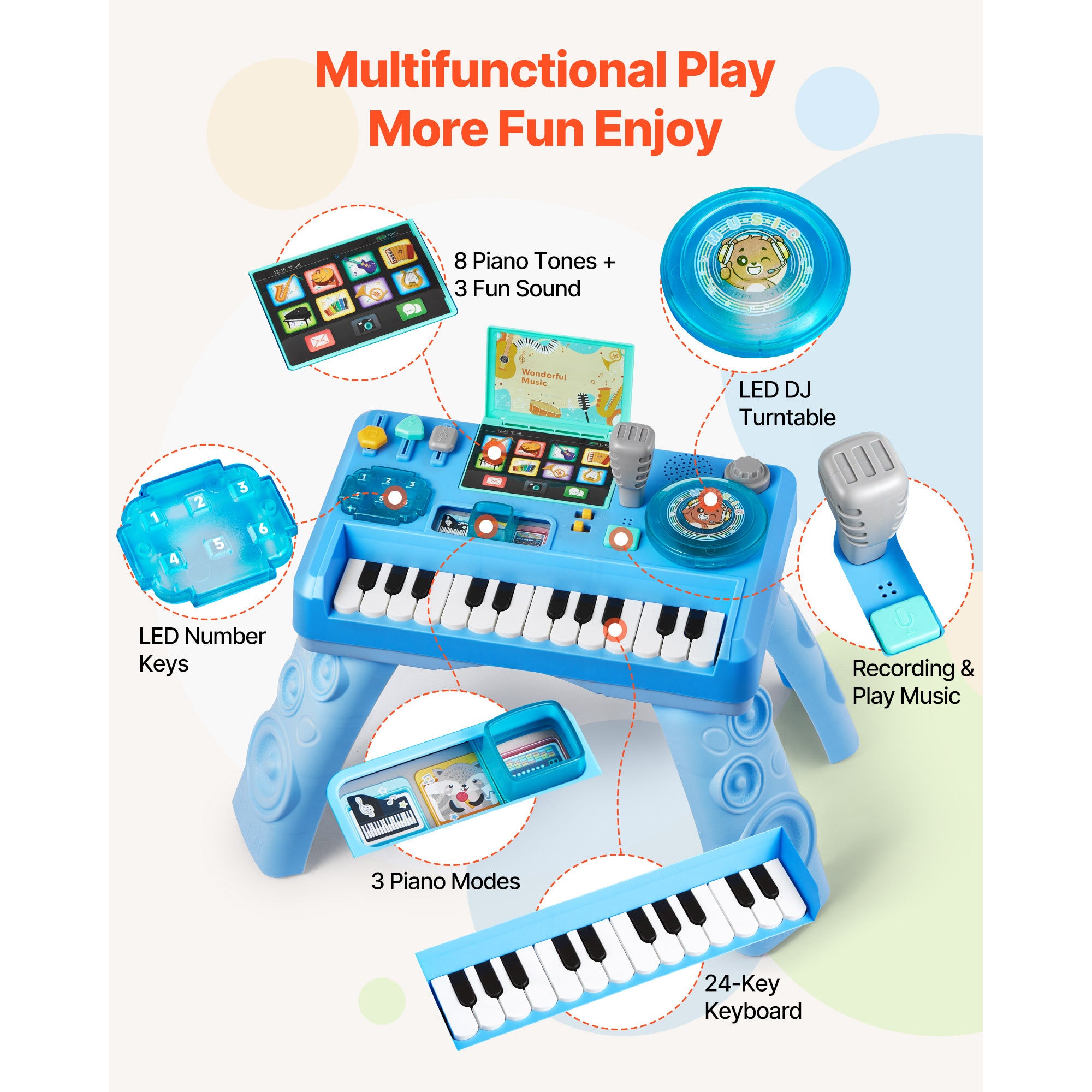Baby DJ Playset for Toddlers 1-3, Educational Musical Table Toys with 133 Sound Sources, Recording and LED DJ Turntable, Baby
