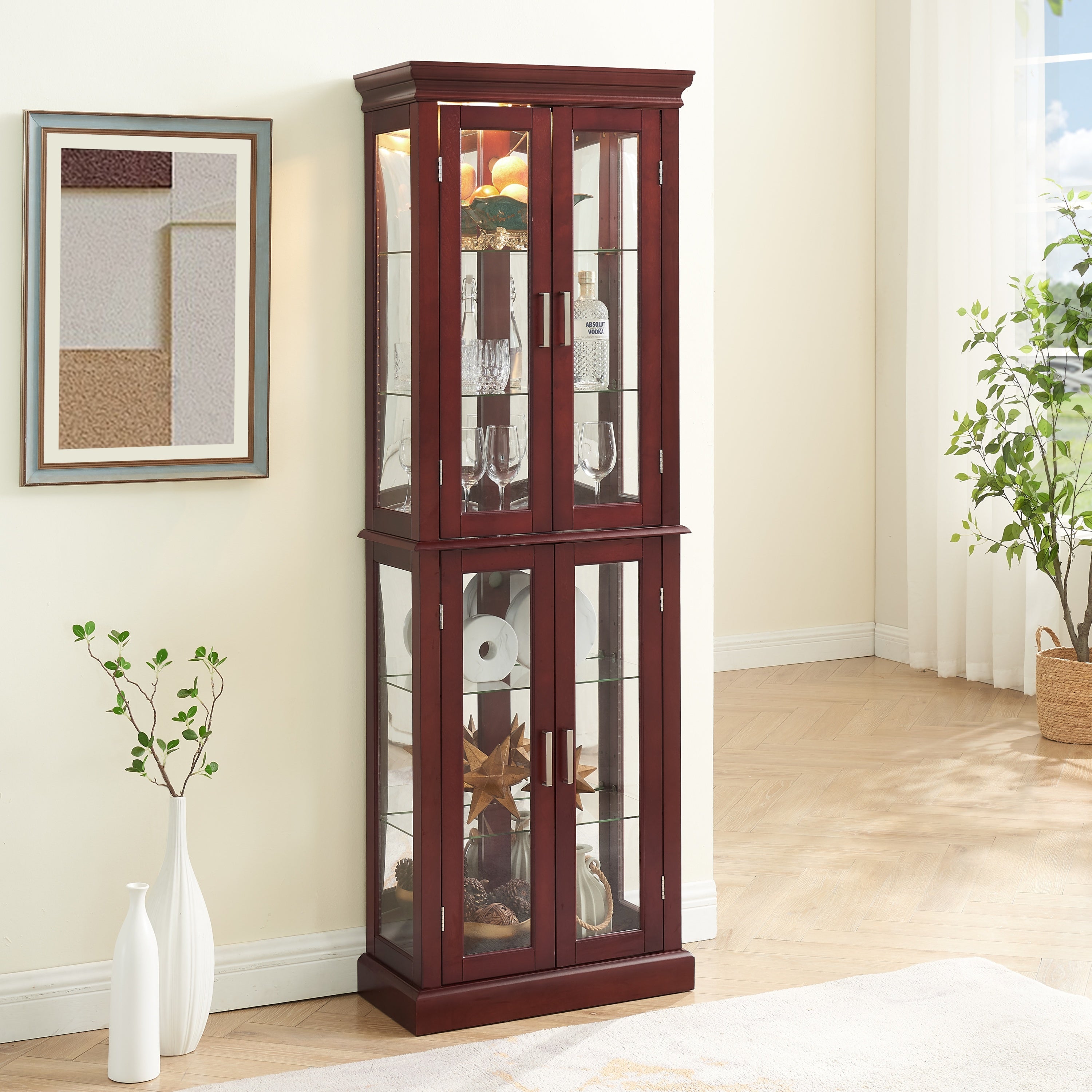 Lighted Curio Cabinet with Adjustable Shelves, Mirrored Back, and Tempered Glass Doors, 6-Tier Cherry Finish - Grand Goldman Shop