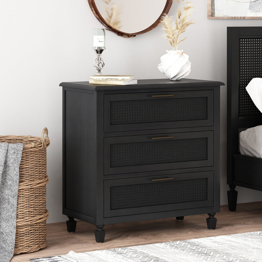 Newell Rustic Acacia Wood and Cane 3 Drawer Dresser - Grand Goldman Shop