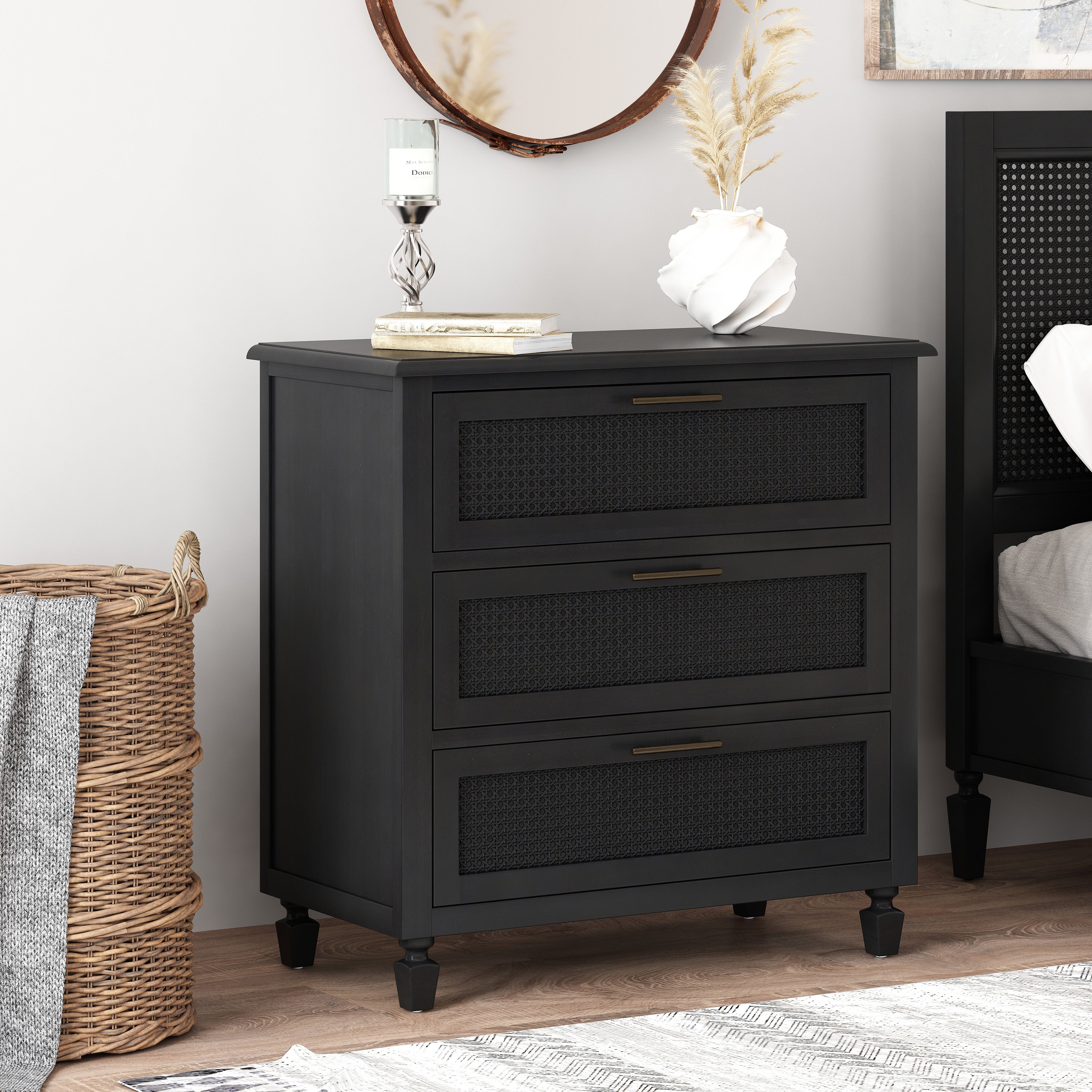 Newell Rustic Acacia Wood and Cane 3 Drawer Dresser - Grand Goldman Shop