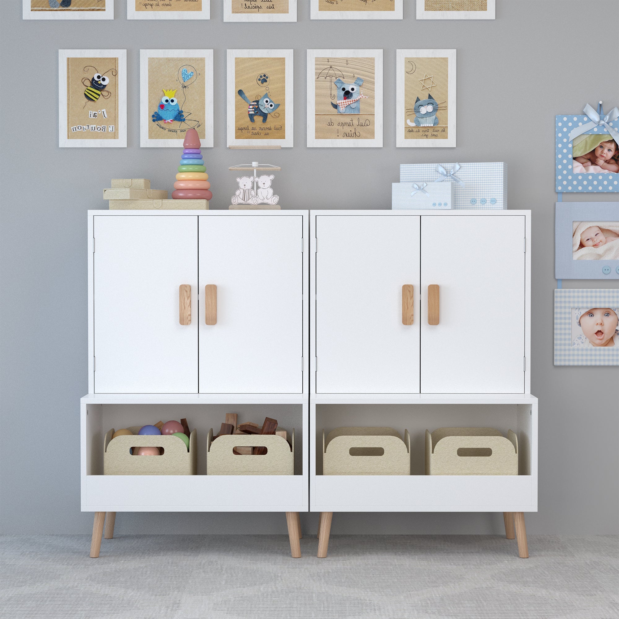 Kids Toy Storage Cabinet with Doors and Open Shelf, White Modern Wooden Organizer with Natural Wood Legs, Toddler Bookshelf f