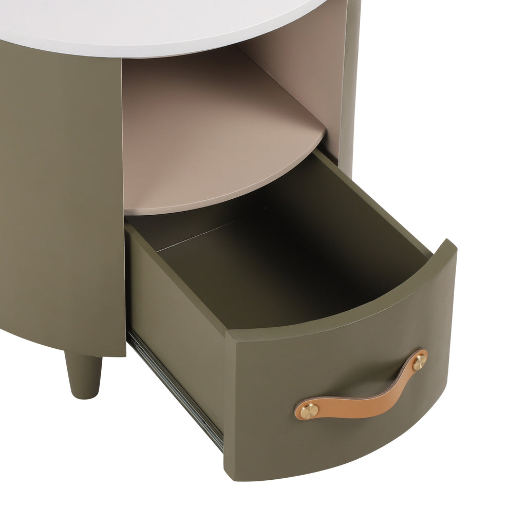 Contemporary & Modern Round Nightstand with Storage Drawer, Sofa End Table with Open Storage Shelf, Bedside Table with Curved Design for Living Room & Bedroom, Easy Assembly, Green - Grand Goldman Shop