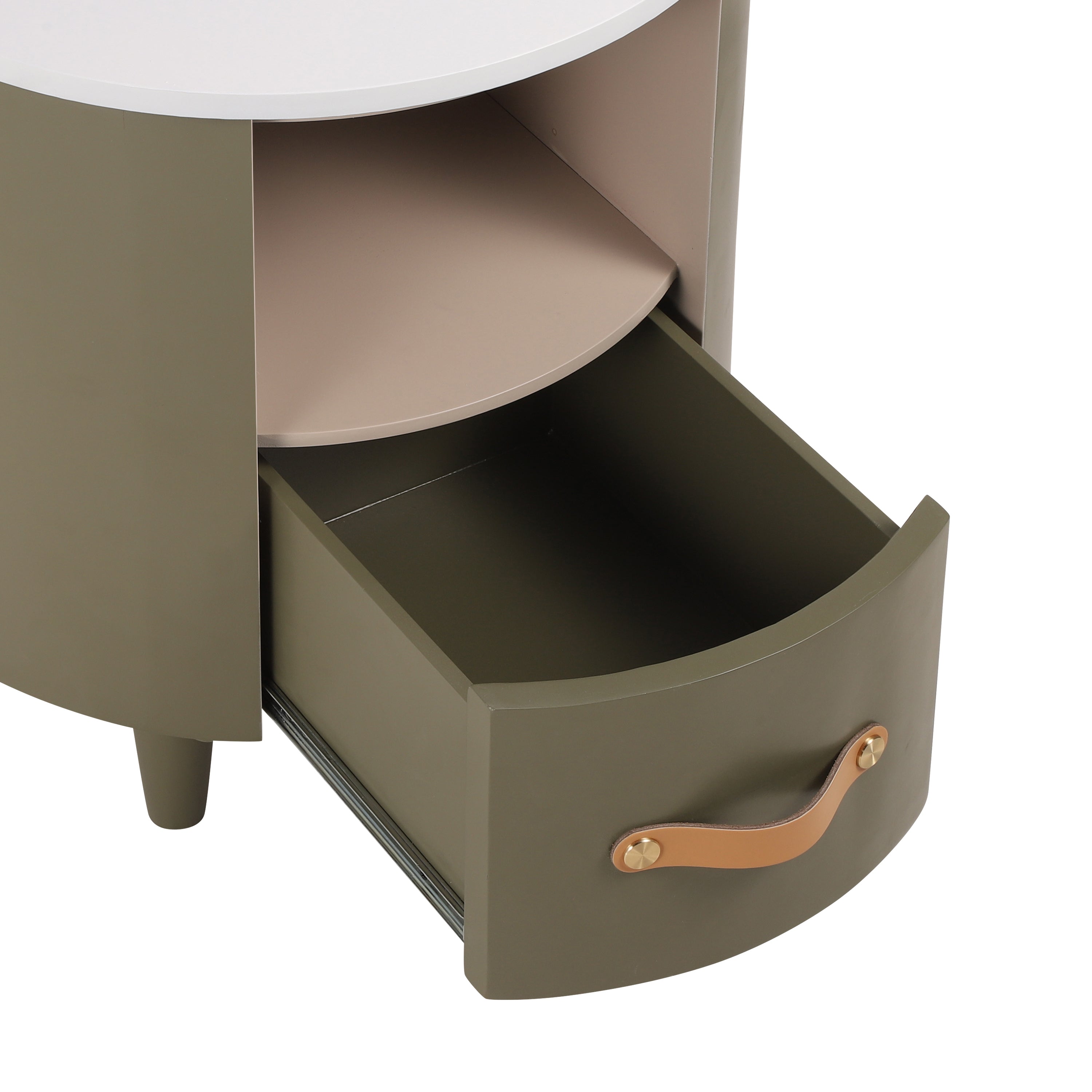 Contemporary & Modern Round Nightstand with Storage Drawer, Sofa End Table with Open Storage Shelf, Bedside Table with Curved Design for Living Room & Bedroom, Easy Assembly, Green - Grand Goldman Shop