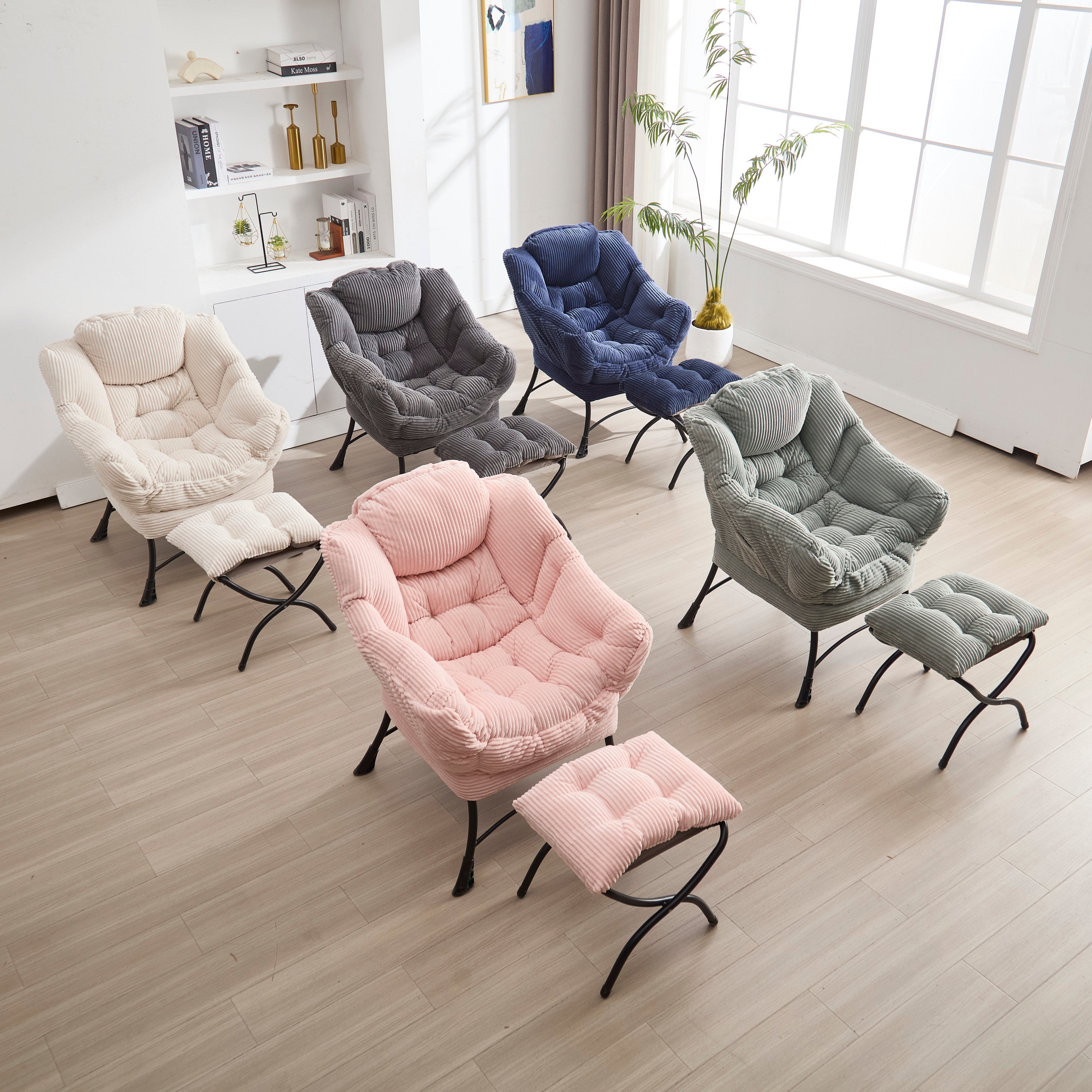 Lazy Chair with Ottoman, Modern Lounge Accent Chair with Armrests and a Side Pocket, Leisure Upholstered Sofa Chair Reading Chair with Footrest for Small Space, Corner Chair-Navy blue - Grand Goldman Shop