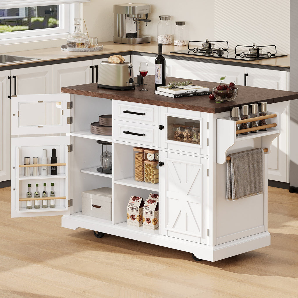 K&K 54.9' Kitchen Island with Drop Leaf, Power Outlet, Kitchen Storage Cart with 4 Door Shelves, Cross Barn Doors & Visual Glass Door, Rolling Kitchen Island on 4 Wheels for Kitchen, Dining Room,White - Grand Goldman Shop