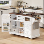 K&K 54.9' Kitchen Island with Drop Leaf, Power Outlet, Kitchen Storage Cart with 4 Door Shelves, Cross Barn Doors & Visual Glass Door, Rolling Kitchen Island on 4 Wheels for Kitchen, Dining Room,White - Grand Goldman Shop