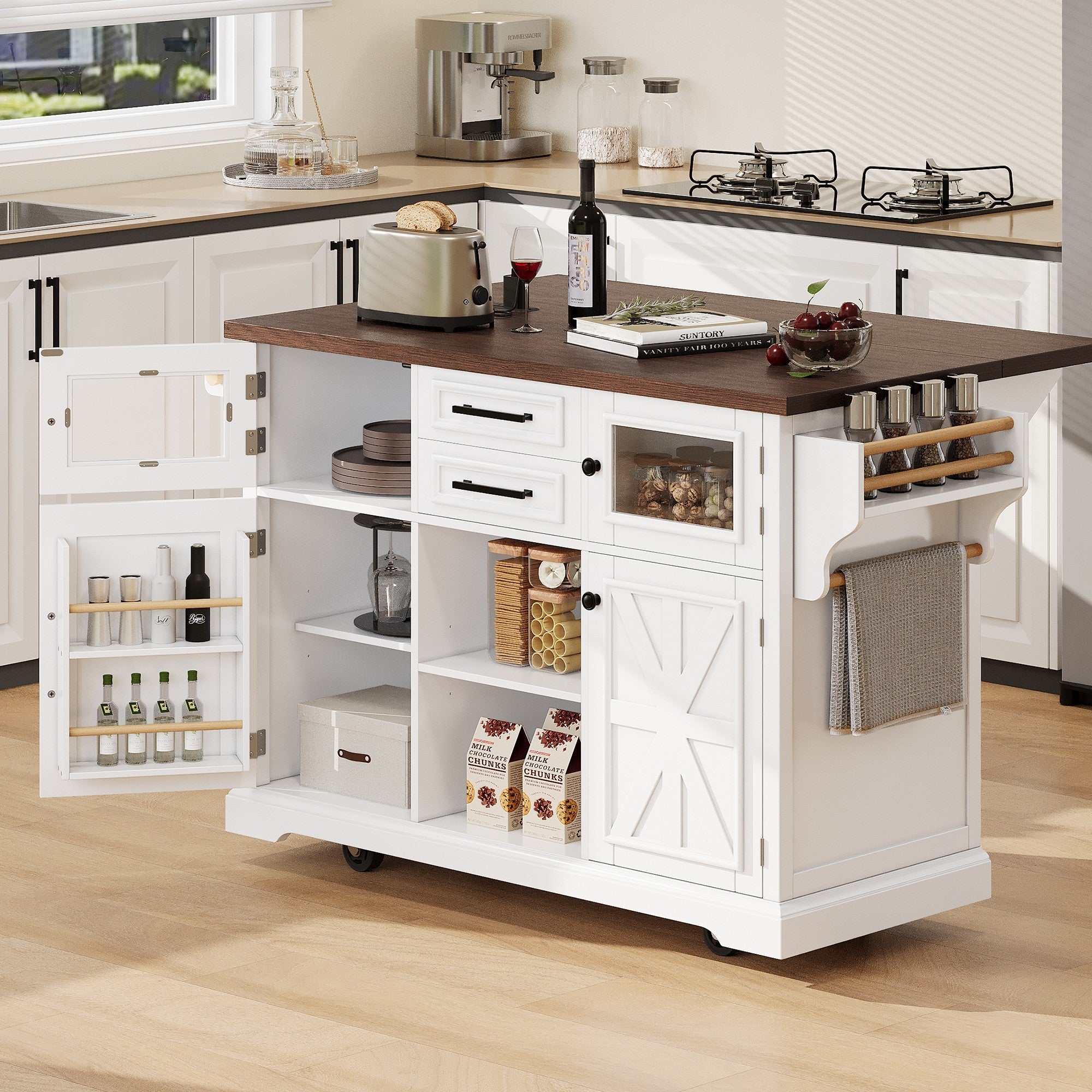 K&K 54.9' Kitchen Island with Drop Leaf, Power Outlet, Kitchen Storage Cart with 4 Door Shelves, Cross Barn Doors & Visual Glass Door, Rolling Kitchen Island on 4 Wheels for Kitchen, Dining Room,White - Grand Goldman Shop
