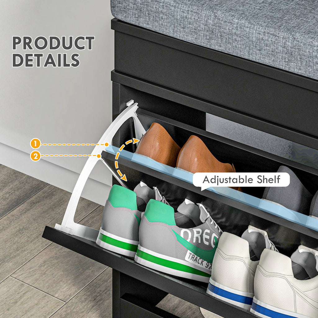 HOMCOM Modern Shoe Rack Bench for Entryway, Storage Organizer with Cushion, 2 Drawers, Adjustable Shelf, Holds 8 Pairs, Black - Grand Goldman Shop