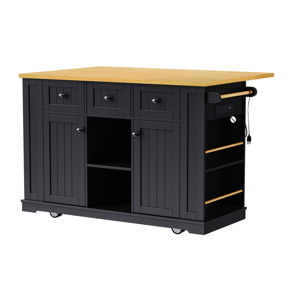K&K 53inch Large Kitchen Island with 2 Bar Stools, Power Outlet,Door Internal Storage Rack, Kitchen Storage Cart on 5 Wheels with Drop Leaf, 5 Open Side Racks, 3 Drawers,Black (Three Packages) - Grand Goldman Shop