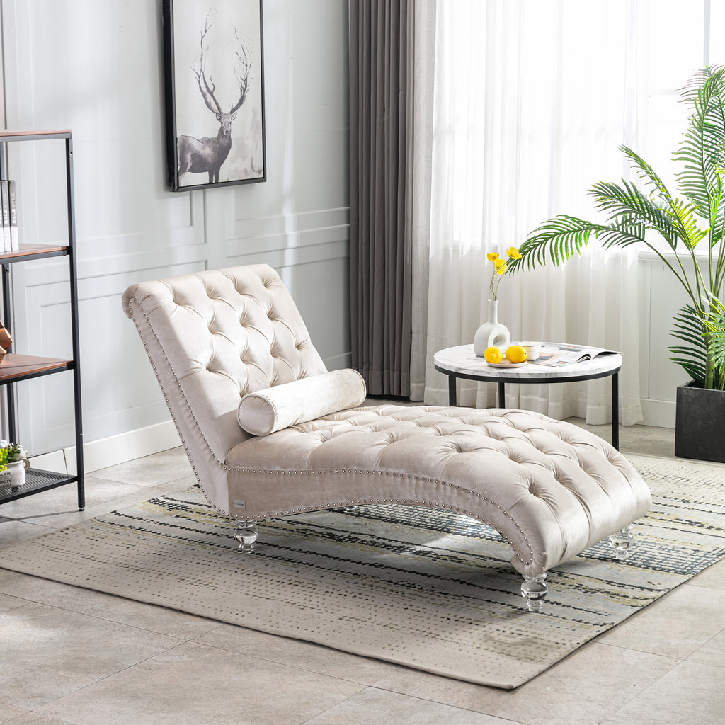 Velvet Chaise Lounge Indoor, Button-Tufted Upholstered Chair with Pillow, Beige Velvet, 63.38x28.94x34.05 inches - Grand Goldman Shop