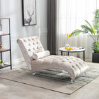 Velvet Chaise Lounge Indoor, Button-Tufted Upholstered Chair with Pillow, Beige Velvet, 63.38x28.94x34.05 inches - Grand Goldman Shop