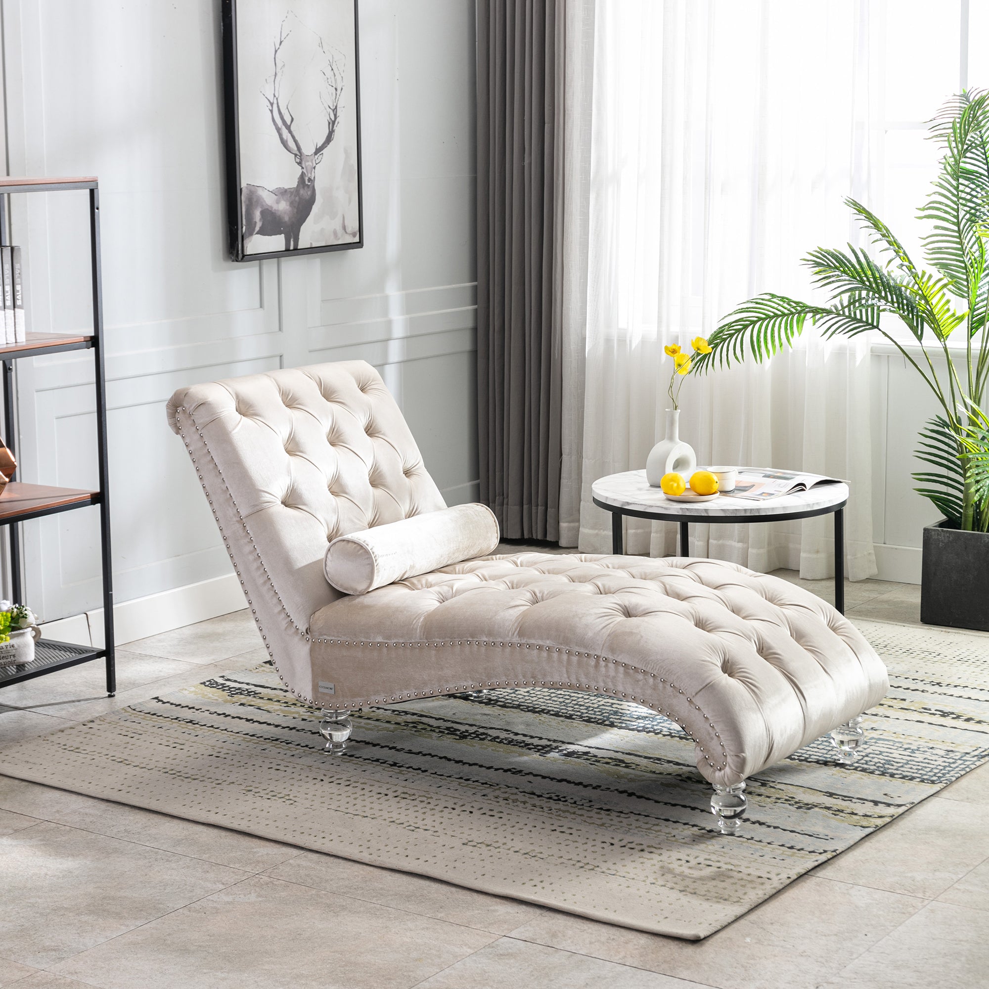 Velvet Chaise Lounge Indoor, Button-Tufted Upholstered Chair with Pillow, Beige Velvet, 63.38x28.94x34.05 inches - Grand Goldman Shop