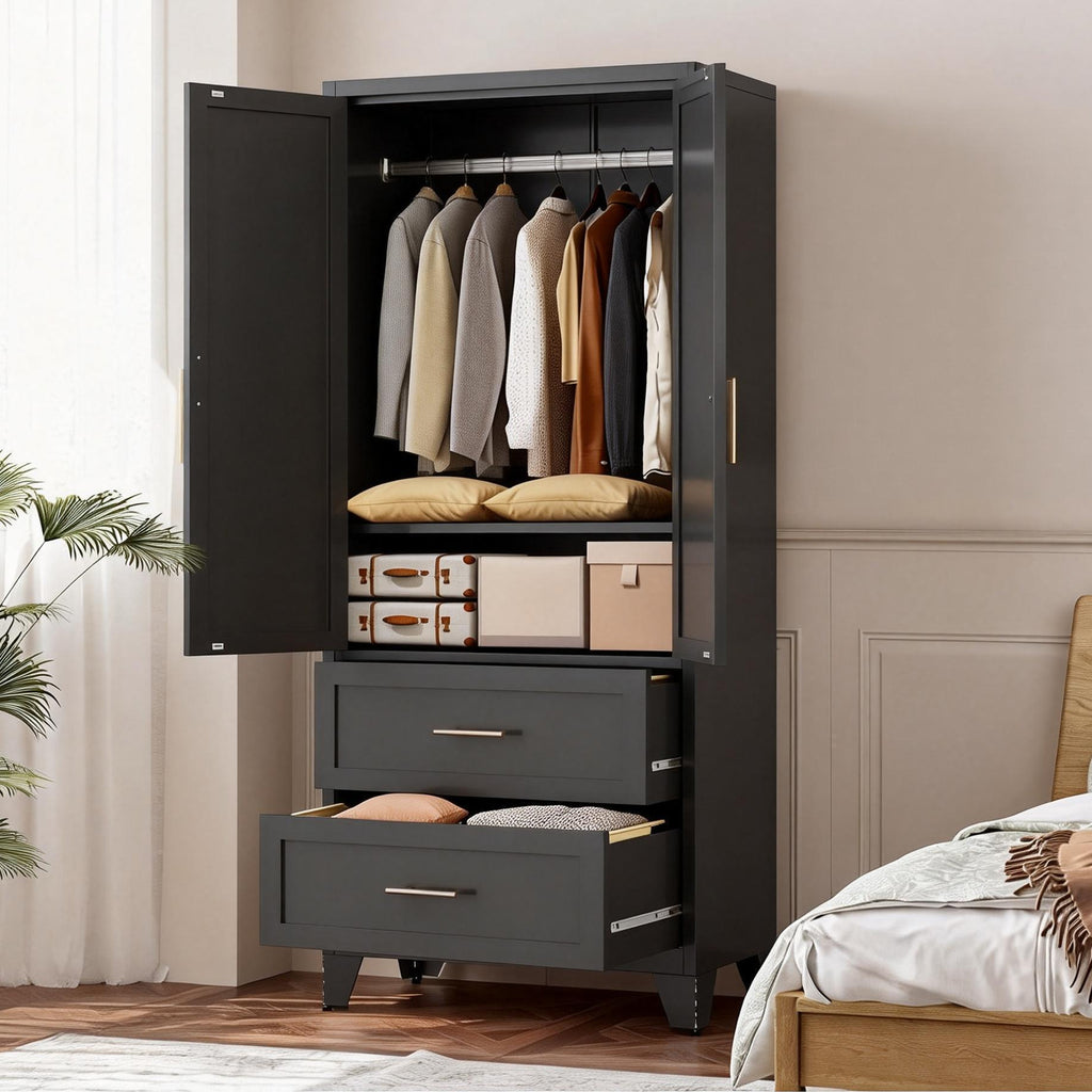71' Tall Metal Wardrobe Cabinet with 2 Drawers and Hanging Rod, 2 Doors Wardrobe Closet with Shelf for Bedroom, Office, Laundry Room,Entryway ,Foyer,Guesthouse (Black) - Grand Goldman Shop