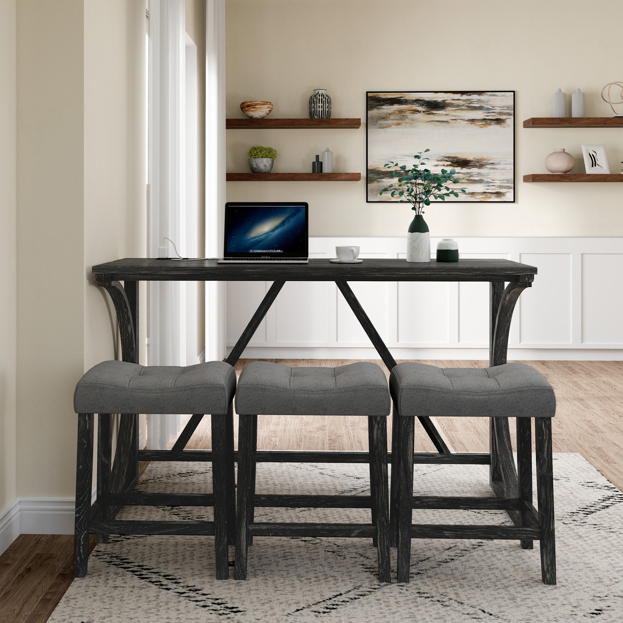 Bar Table Set with Power Outlet, Bar Table and Chairs Set, 4 Piece Dining Table Set, Industrial Breakfast Table Set, for Living Room, Dining Room, Game Room - Grand Goldman Shop