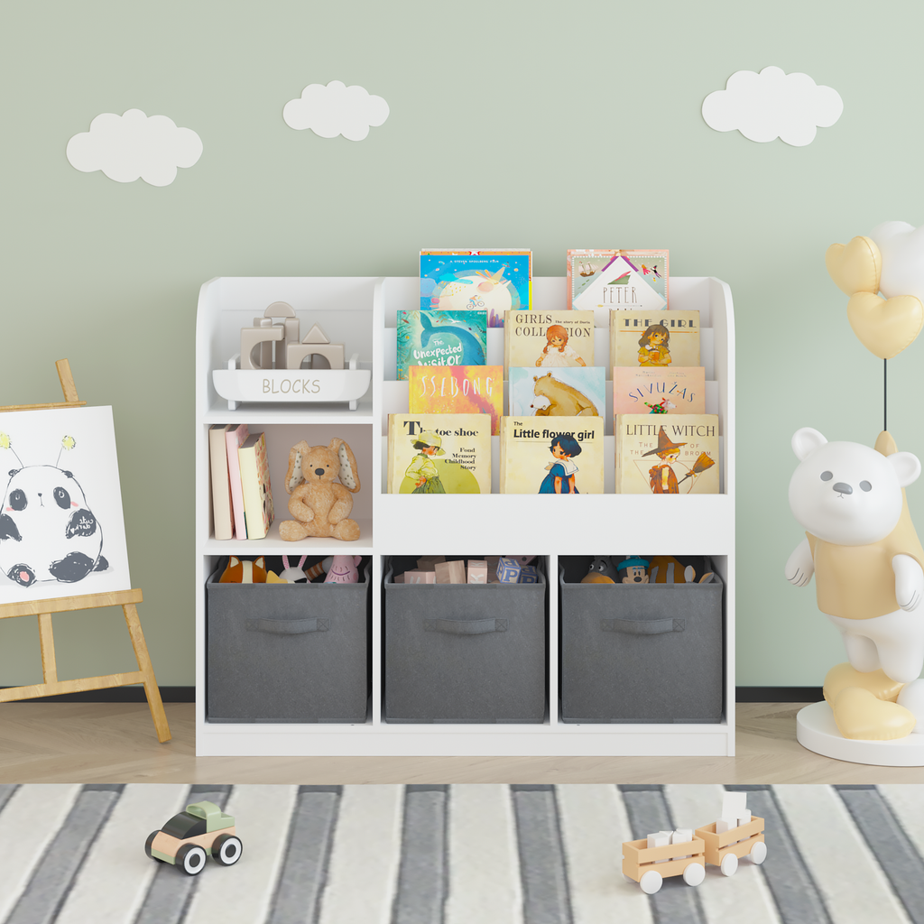 Kids Bookcase and Bookshelf with 3 Collapsible Fabric Drawers, Multifunctional Display Stand for Bedroom, Playroom, Hallway i
